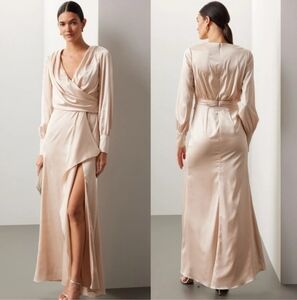 Ieena Mac Duggal Gold Champagne Long Sleeve Satin Dress Formal Gown 8